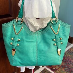 Oryany large Shoulder Bag  leather green side of Aqua  many inside pockets  gold
